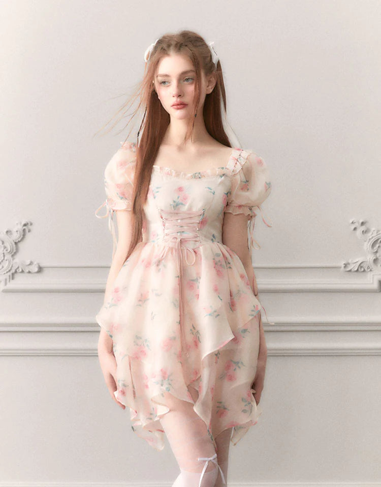 Ciffon Puff-Sleeve Princess Flower Asymmetry Lace-Up Dress