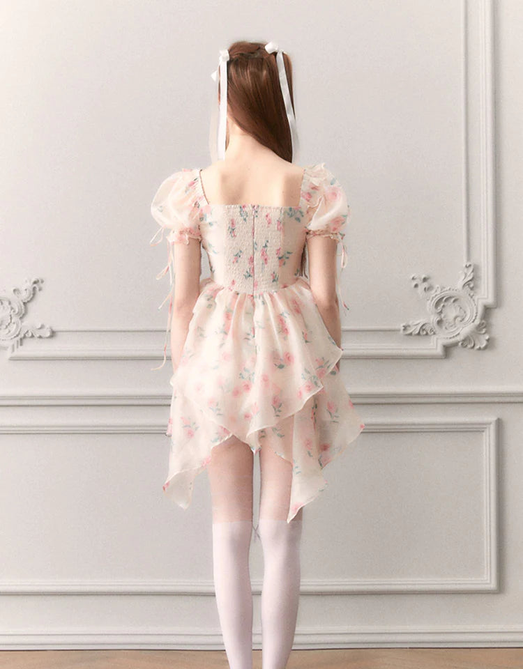 Ciffon Puff-Sleeve Princess Flower Asymmetry Lace-Up Dress