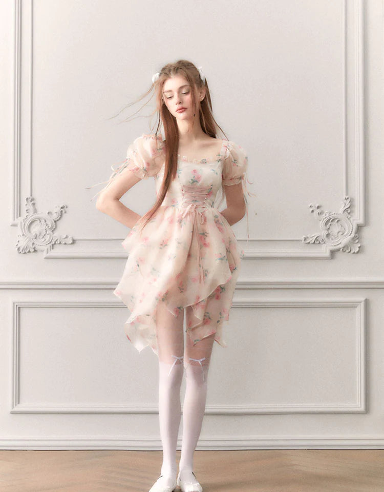 Ciffon Puff-Sleeve Princess Flower Asymmetry Lace-Up Dress