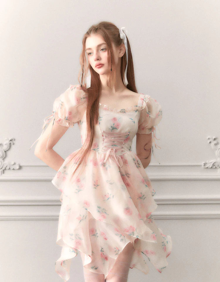 Ciffon Puff-Sleeve Princess Flower Asymmetry Lace-Up Dress