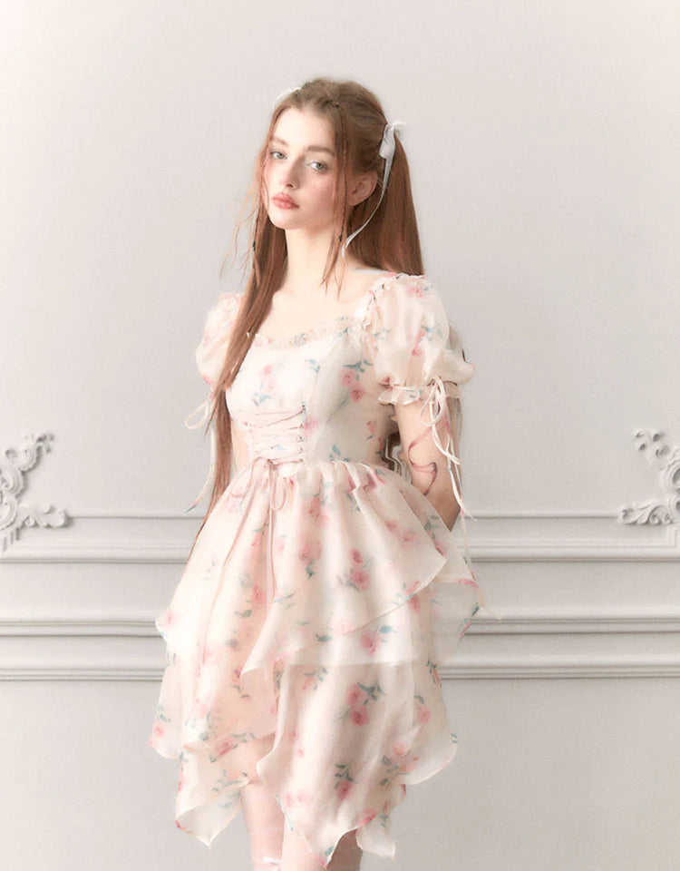 Ciffon Puff-Sleeve Princess Flower Asymmetry Lace-Up Dress