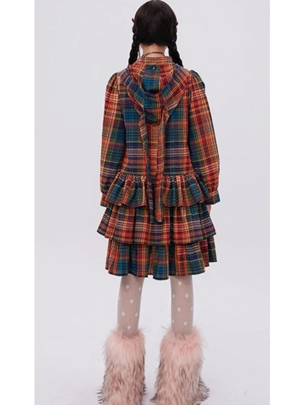 Retro Cute Fluffy Cake Rabbit Ear Plaid Dress