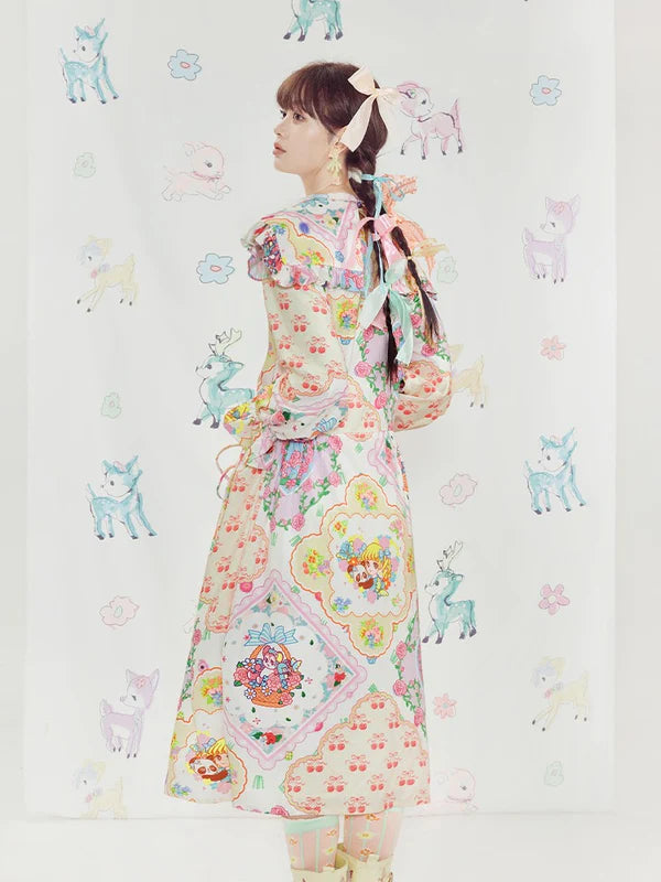 Shimizu Illustration Bear & Girl Print Princess A-line Dress