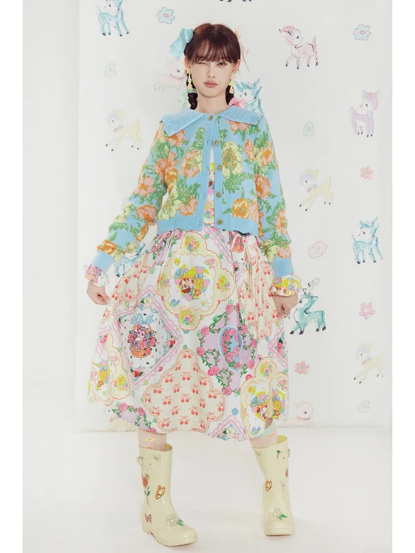 Shimizu Illustration Bear & Girl Print Princess A-line Dress