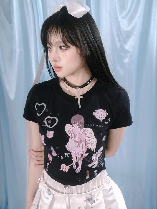 Angel Print Short-Sleeed Tight Tight T-Shirt- Simple Outfit