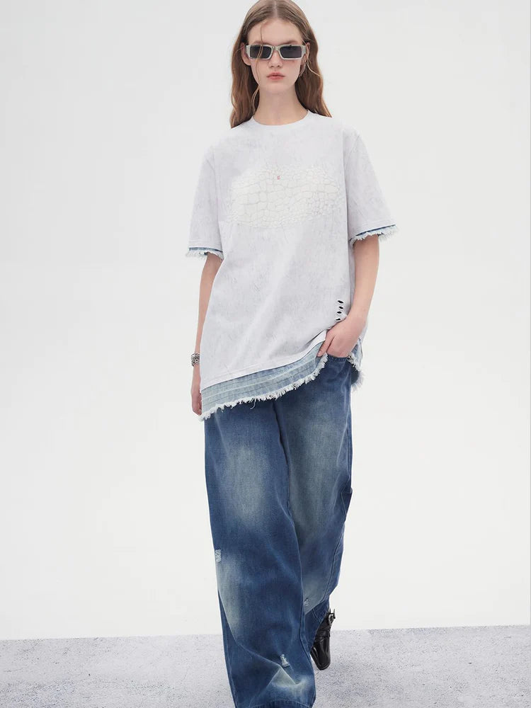 Asymmetry Lace Tie-Dye Tassel T-Shirt- Simple Outfits