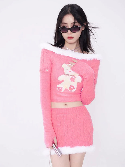 Boat-Neck Fur Pop Cute Fluffy Arm-Cover Knit & Skirt