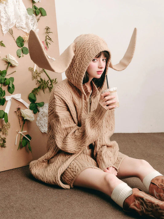 Bunny Ears Hooded Knitted Cardigan & Skirt