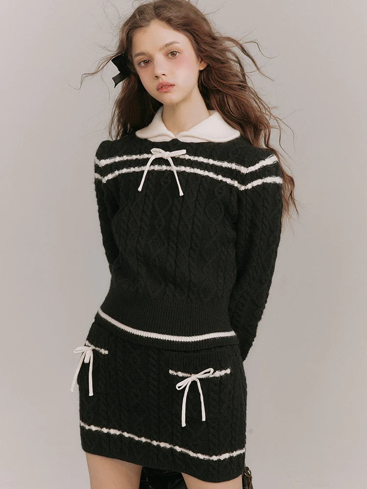 Cable Knitted Contrast Color Sweater & Skirt