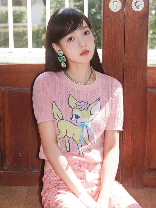 Cartoon Fawn Hollow Round Neck Knit