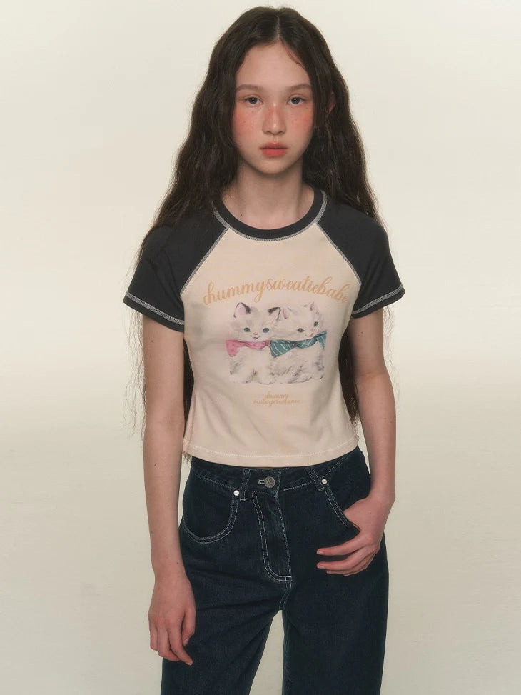 Cat Print Raglan Sleeves Tight T-shirt