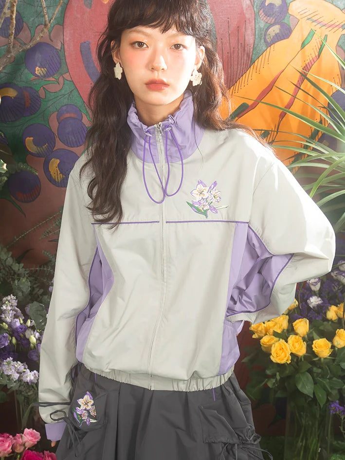 Cherry Blossom Embroidery Zipper Windbreaker- Simple Outfits