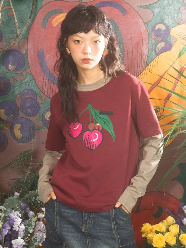 Cherry Print Fake Layered Long-sleeved T-shirts- Simple Outfits