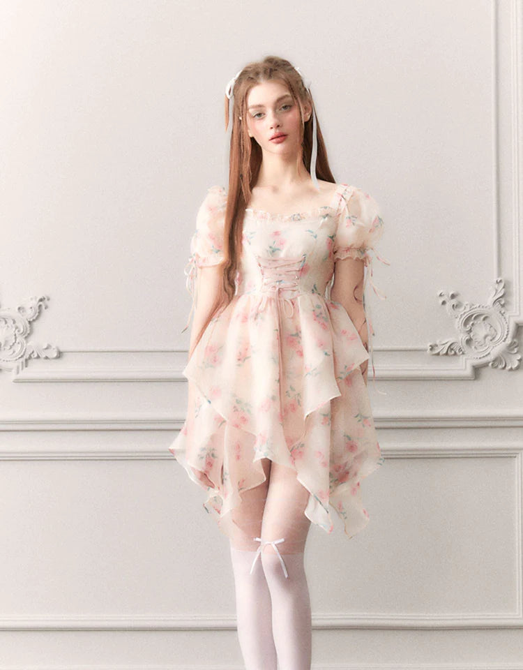 Ciffon Puff-Sleeve Princess Flower Asymmetry Lace-Up Dress