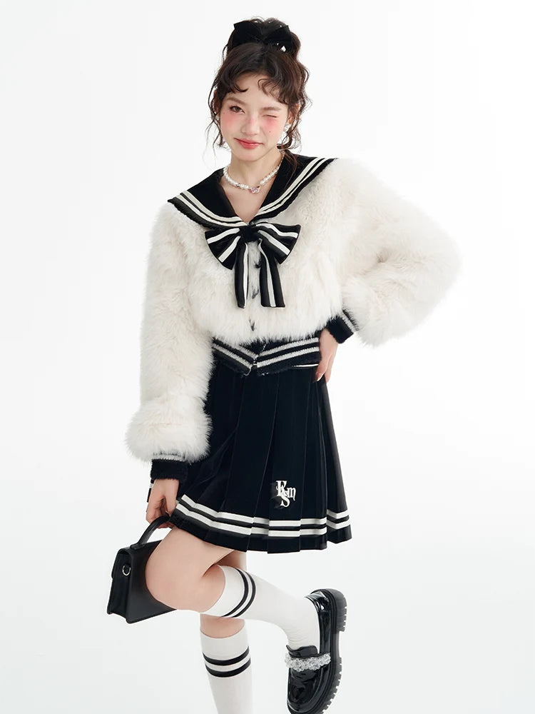 College-Style Fur Ribbon Sailor Tops & Skirt