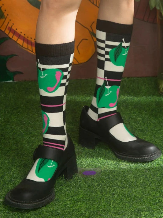 Contrasting Stripes With Green Apple Pattern Socks - Outfits Aesthetic