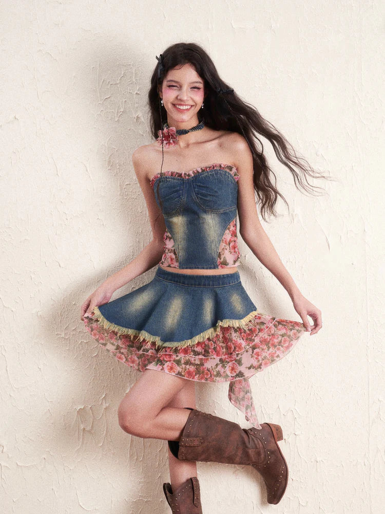 Denim Flower Mix Asymmetry Ciffon Feminine Tops & Mini-Skirt