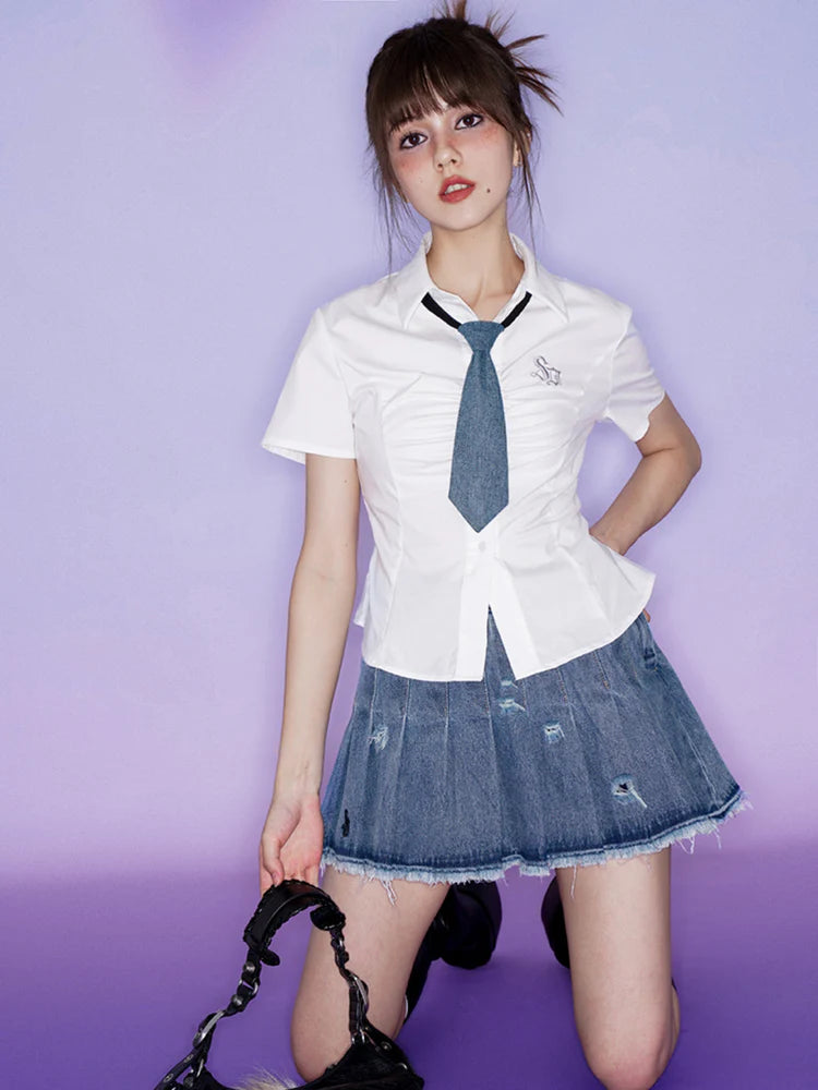 Denim Hole Pleated Skirt With Tie