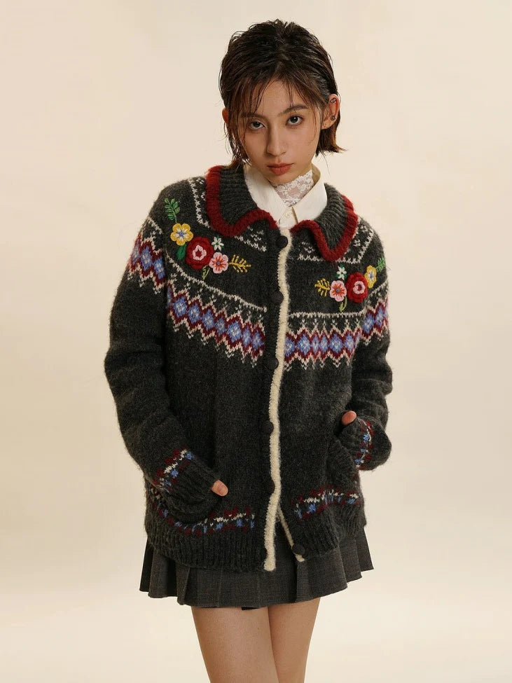 Fair Isle Three-dimensional Flower Knit Cardigan