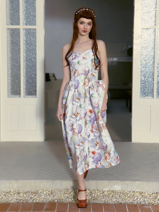 Flowers Print Suspender Dress