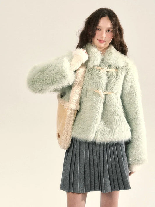 Fluffily Elegant Wool Toggle-Button Fur-Jacket