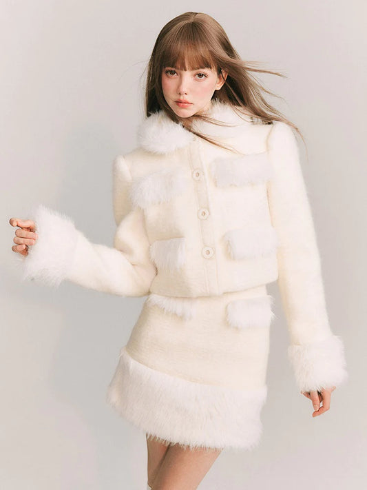 Fluffy Wool Short Jacket & Half Skirt