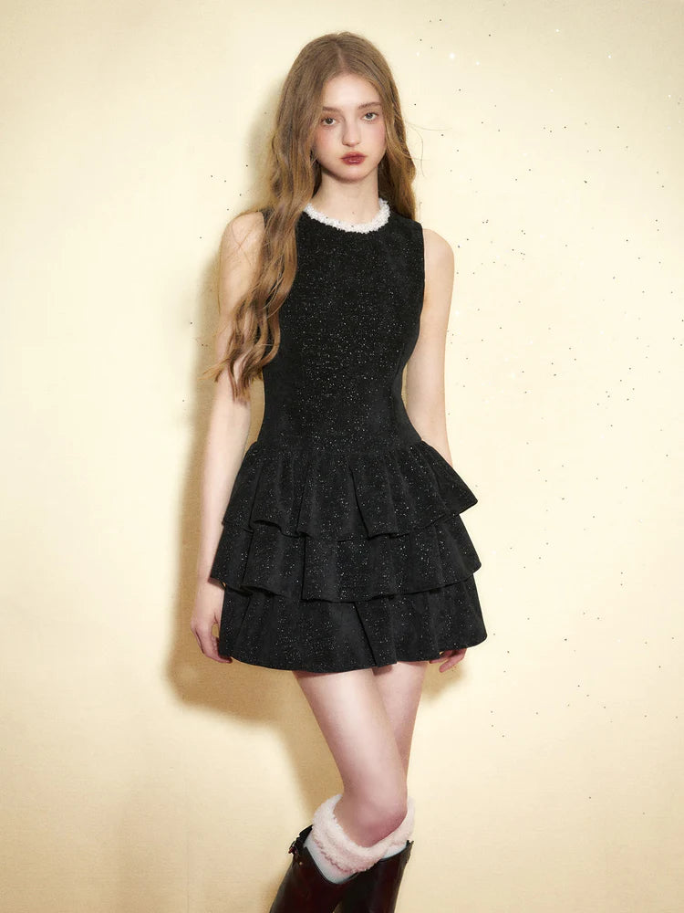 Glitter Velvet Pearl Collar Cake Sleeveless Dress