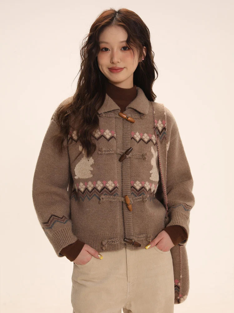 Horn Buckle Rabbit Knitted Cardigan