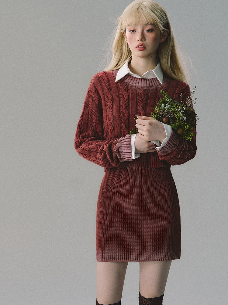 Set-Up Cable-Knit Rib-Knit Tight Retro Knit＆ Skirt