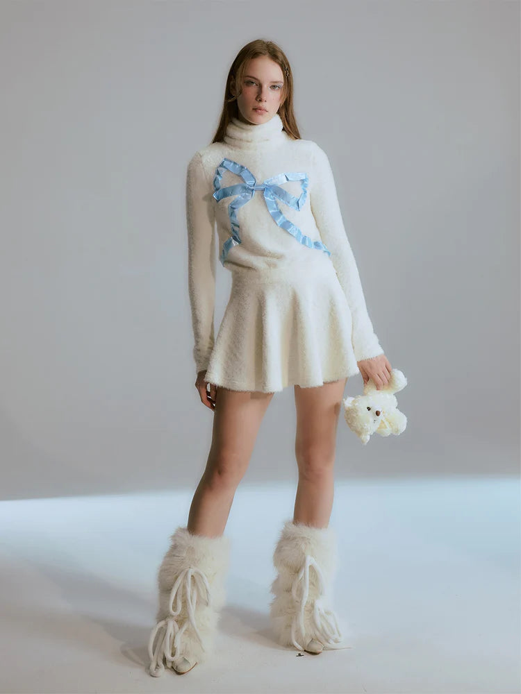 Turtle-Neck Ribbon Knit Flare Fluffily Cute One-Piece