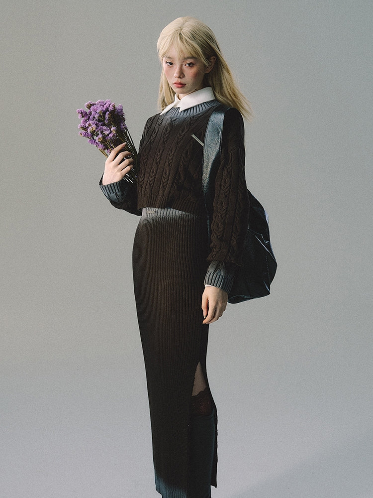 Set-Up Cable-Knit Rib-Knit Tight Retro Knit＆ Skirt