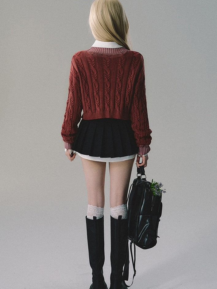 Set-Up Cable-Knit Rib-Knit Tight Retro Knit＆ Skirt