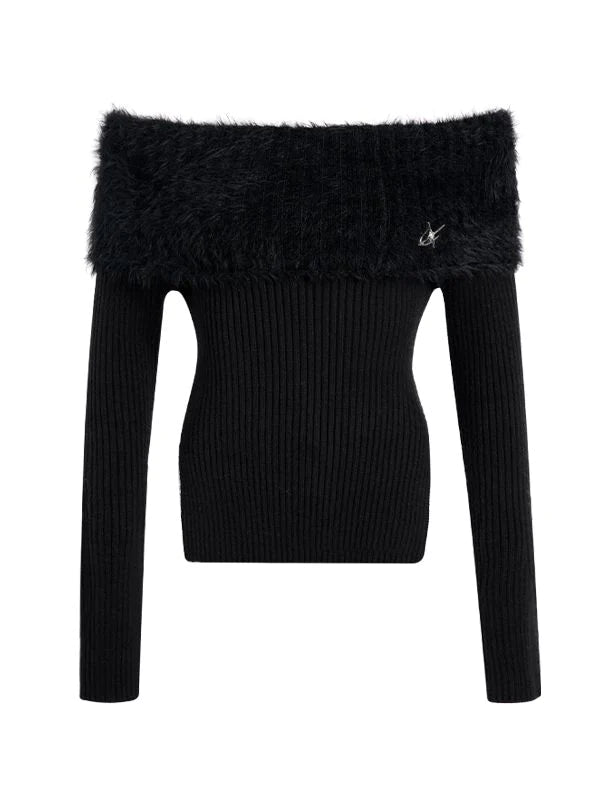 Off-Shoulder Side-Slit Fur Rib-Knit