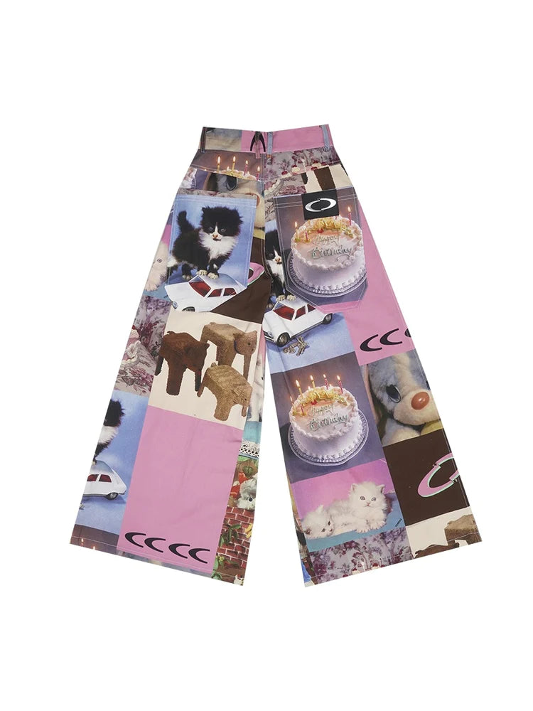 Fancy Wide-Leg Casual Animal Picture Pants