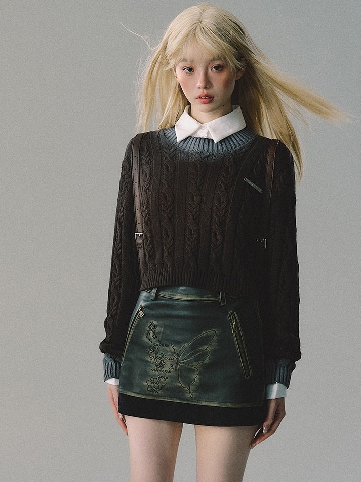 Set-Up Cable-Knit Rib-Knit Tight Retro Knit＆ Skirt