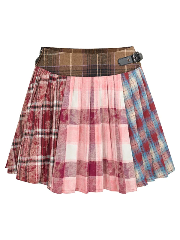 Checked Patchwork Mix Girly Cute Pleats Mini-Skirt