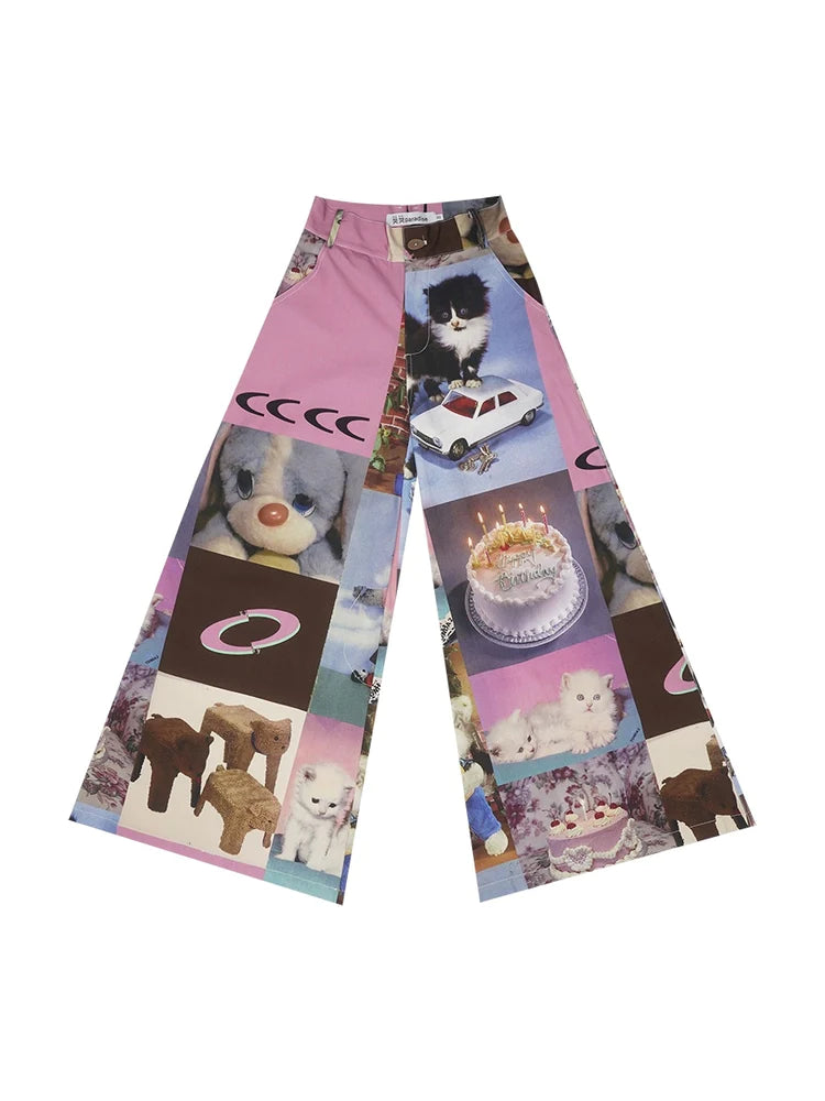 Fancy Wide-Leg Casual Animal Picture Pants