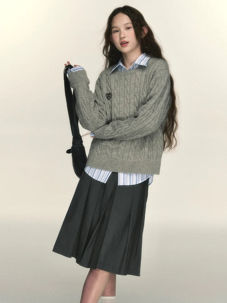 Cable-Knit Round-Neck Retro College Sweater