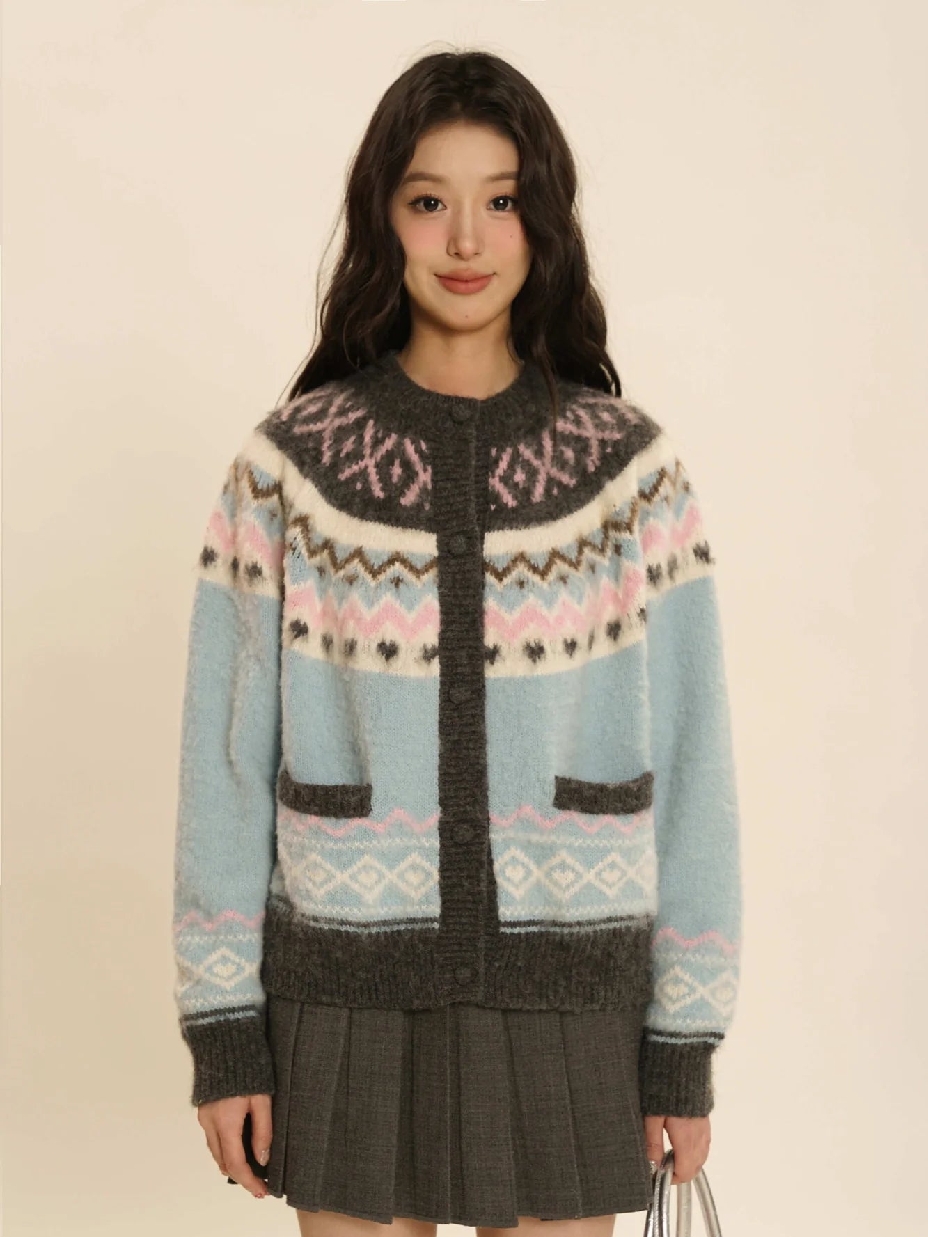 Retro Crew-Neck Cute Knit Cardigan