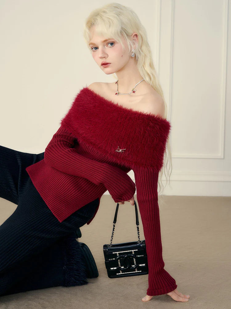 Off-Shoulder Side-Slit Fur Rib-Knit