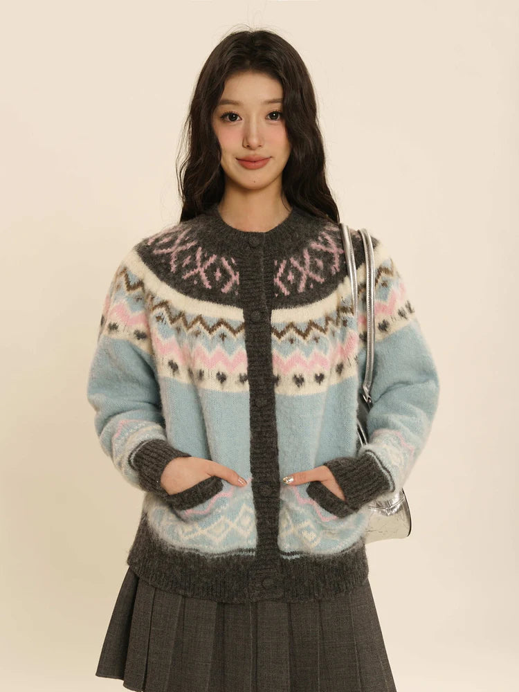 Retro Crew-Neck Cute Knit Cardigan