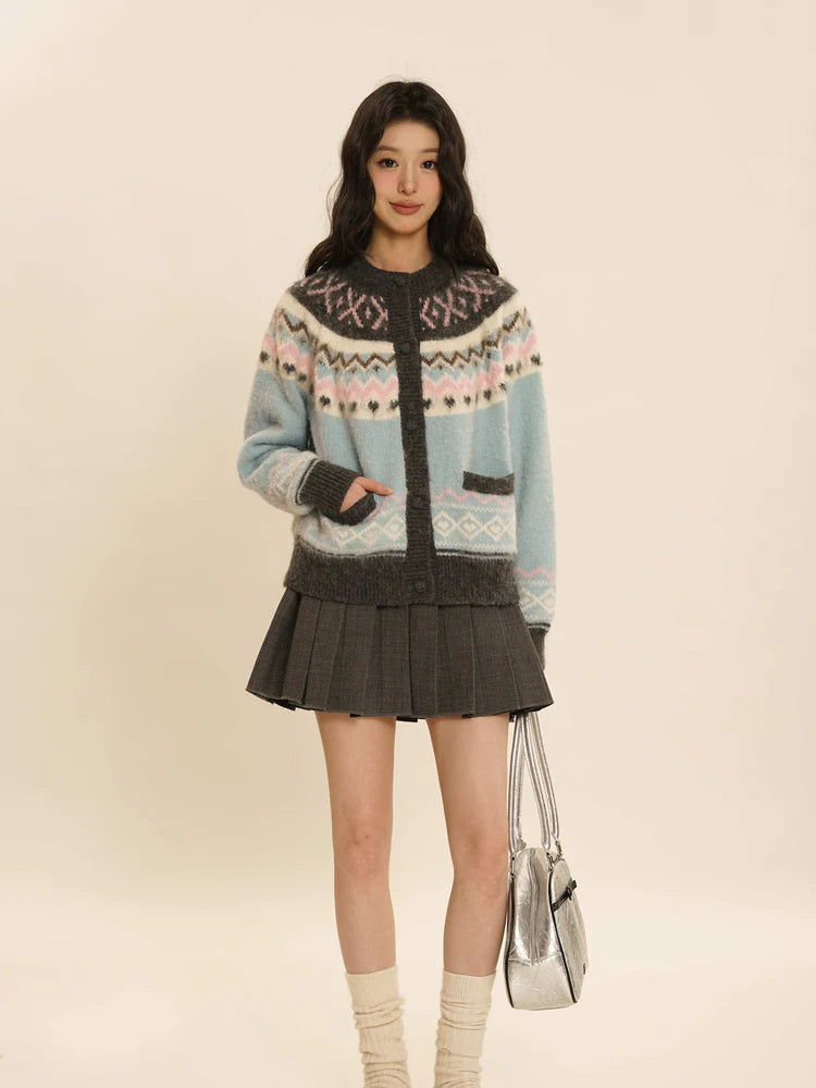 Retro Crew-Neck Cute Knit Cardigan