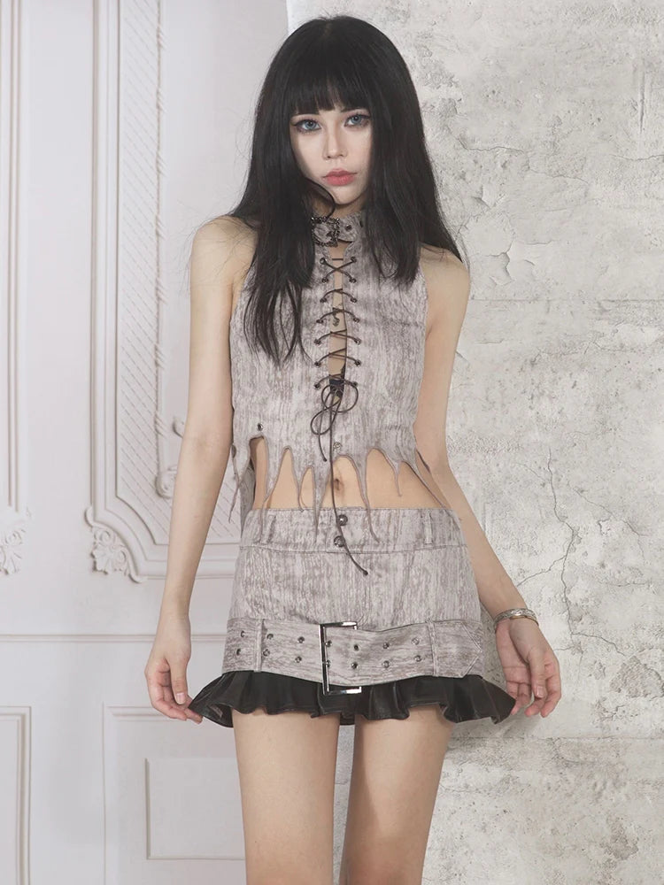 Lace-Up Belt Casual Tie-Dye Skirts & Leg-Covers- Outfits Aesthetic