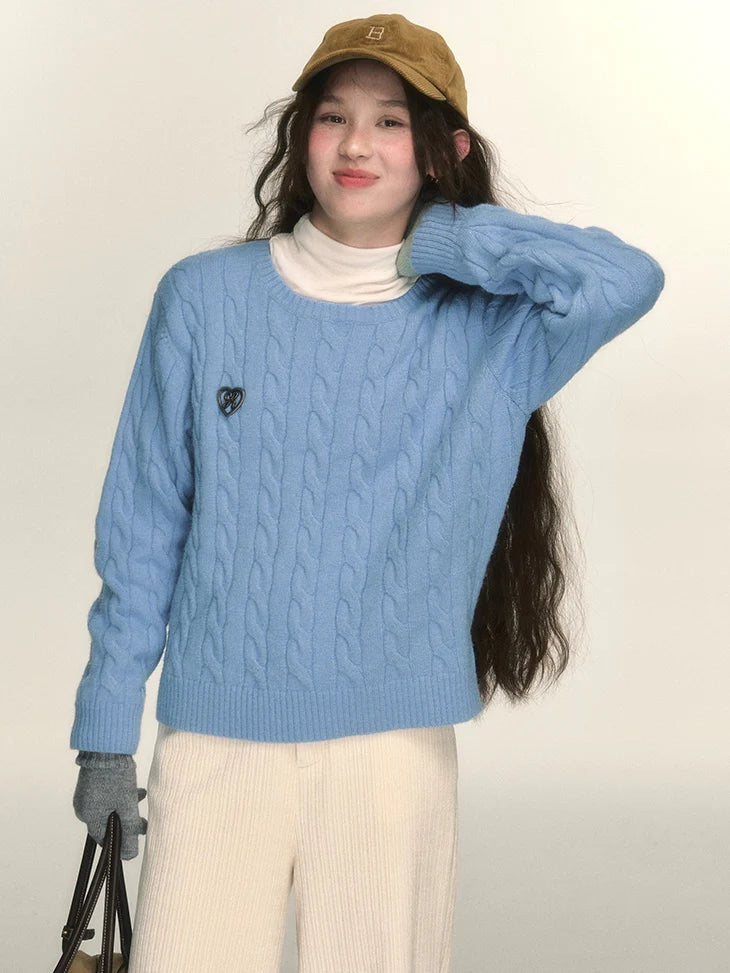 Cable-Knit Round-Neck Retro College Sweater