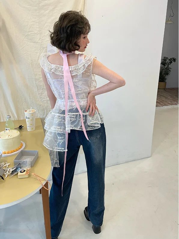 Asymmetry Tiered Peplum See-Through Sweet Blouse- Outfit Inspo