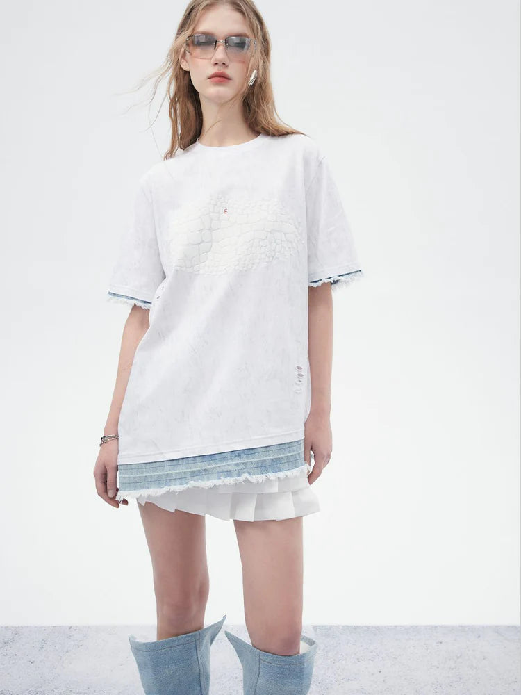 Asymmetry Lace Tie-Dye Tassel T-Shirt- Simple Outfits