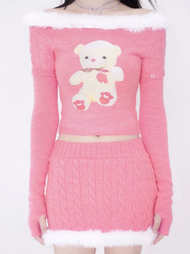 Boat-Neck Fur Pop Cute Fluffy Arm-Cover Knit & Skirt