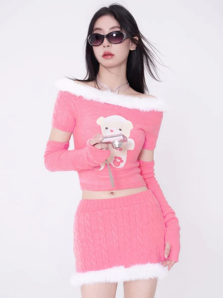 Boat-Neck Fur Pop Cute Fluffy Arm-Cover Knit & Skirt