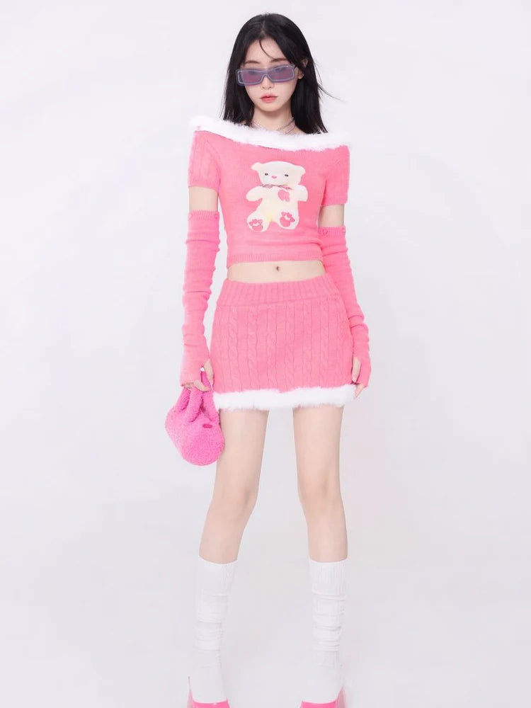 Boat-Neck Fur Pop Cute Fluffy Arm-Cover Knit & Skirt