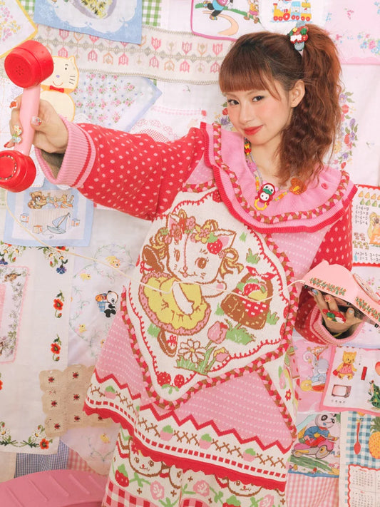 Large Lapel Cat Strawberry Jacquard Pullover Sweater- Outfits Aesthetic